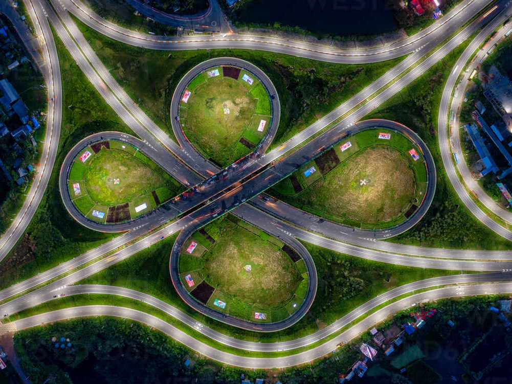 Aerial view of Bhanga four circle, a complex road intersection in Faridpur, Bangladesh.